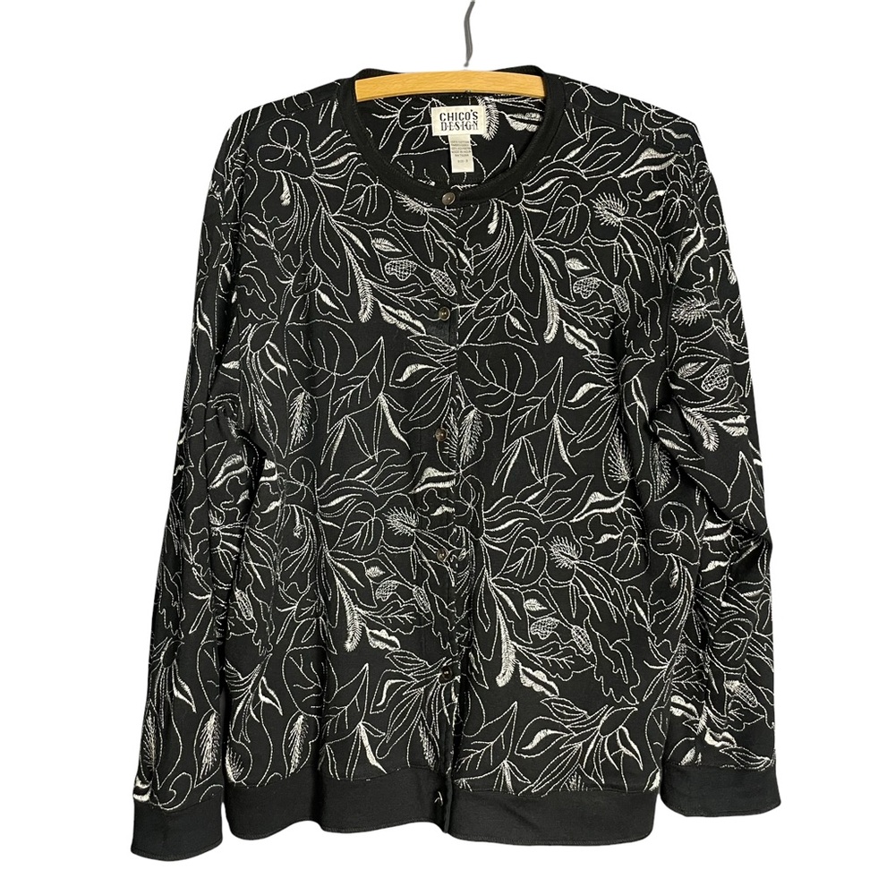 Chicos Design Floral Stitch Button Up Cardigan Sweater Black_Size 3 / XL